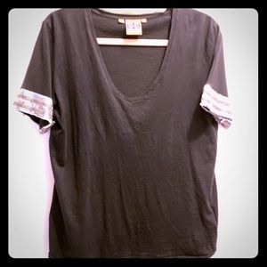 Tory Burch Black Tee with Silver Sequin Sleeves-L